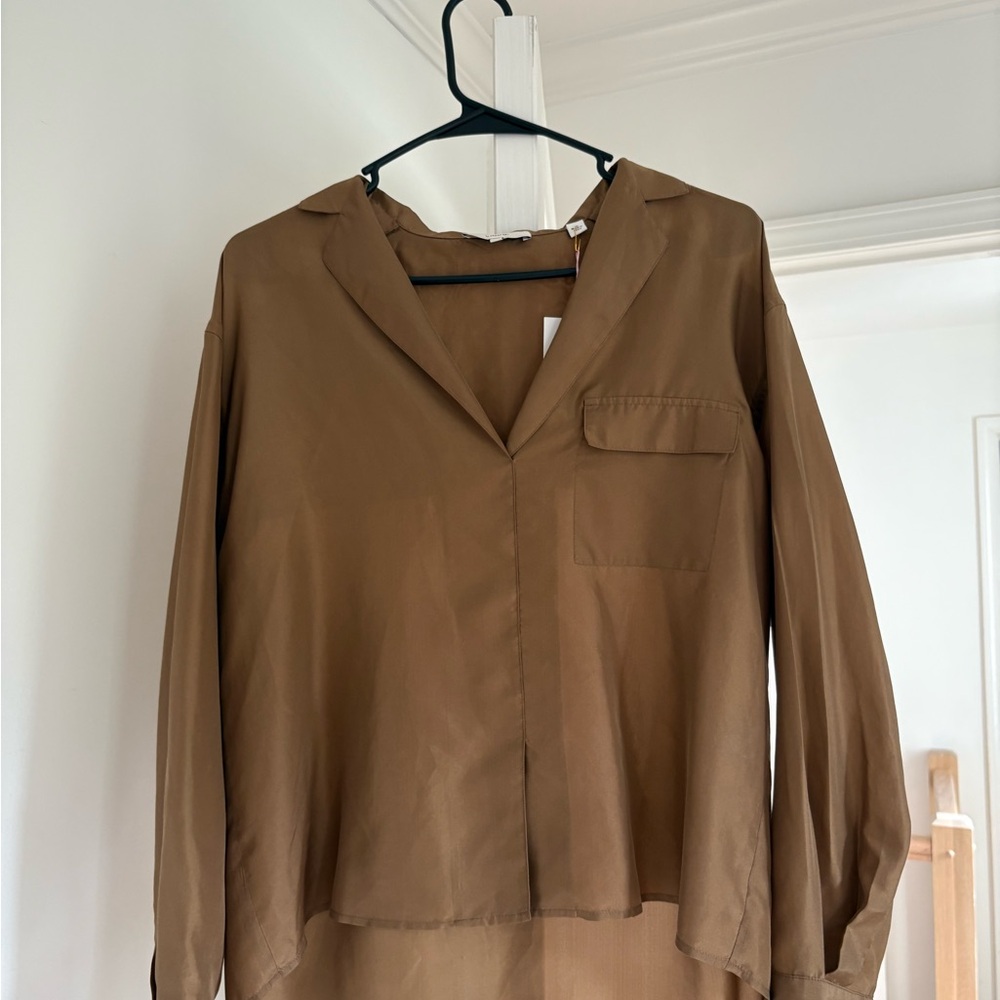 Vince Brown Boxy Blouse with Notched Collar